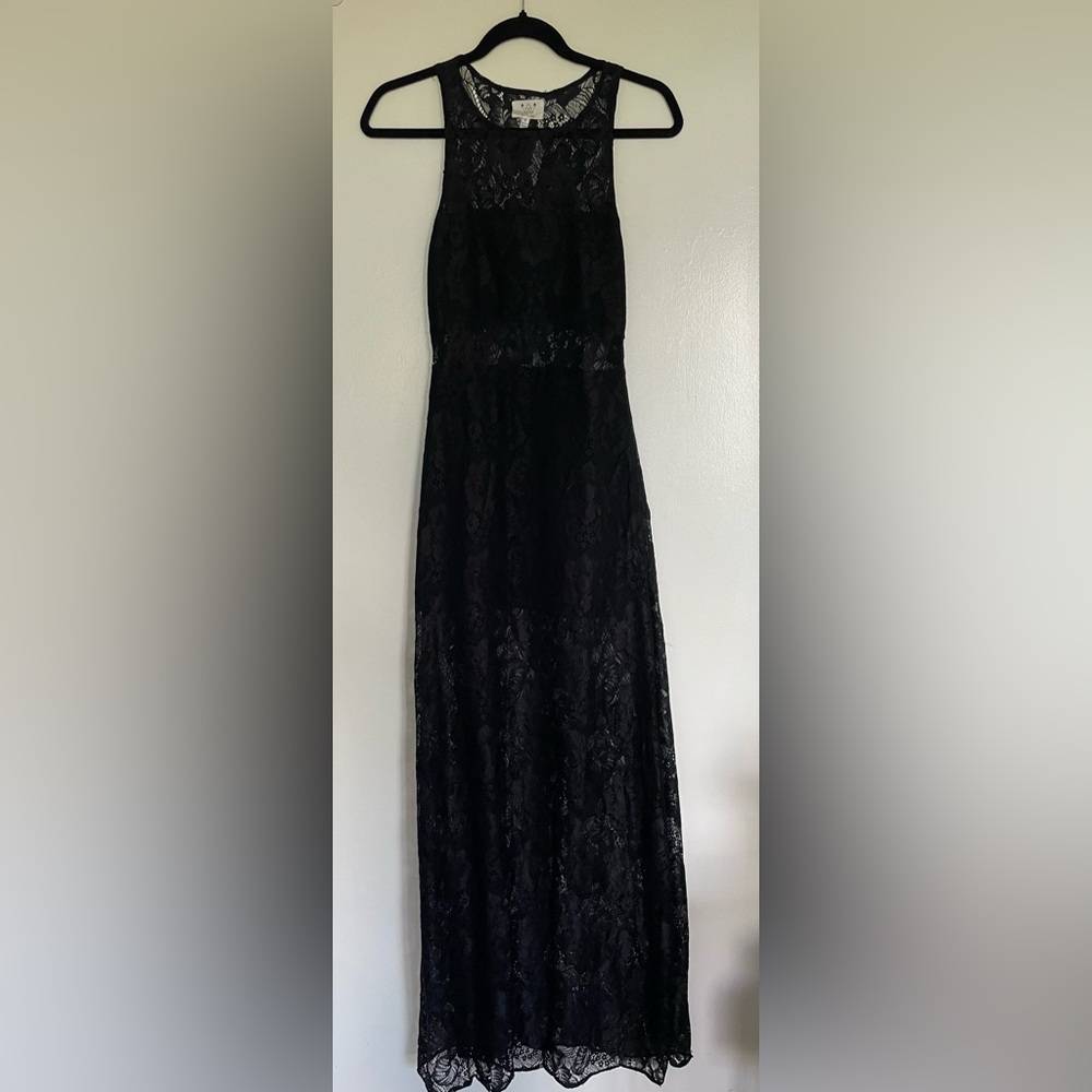 “Six Crisp Days” full length lace peekaboo dress. Sleeveless, side zipper.